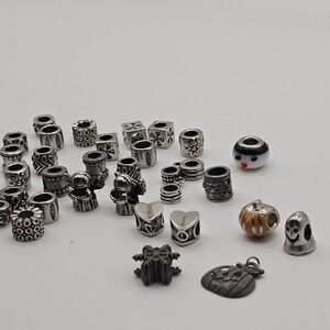 Silver Tone Charm Beads Angels Pumpkins Ghost Hearts Jewelry Lot of 45